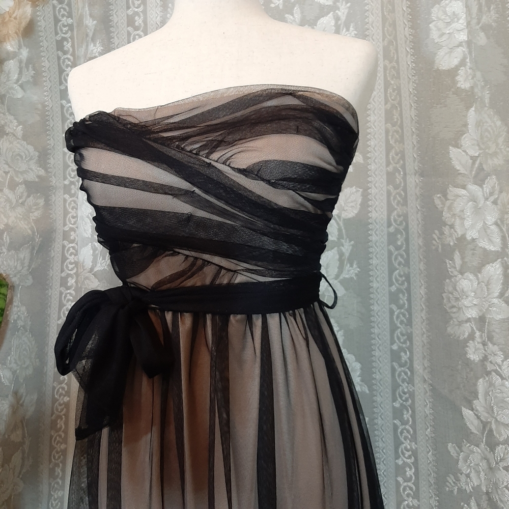 Mystic Black Beige Lace Floral Strapless Cocktail Midi Dress w Ribbon, Size S - Picture 11 of 12